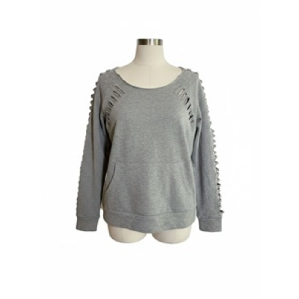 Venus Gray Shredded Cut Out Sleeve Sweatshirt Scoop Neck Kangaroo Pocket Small